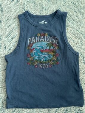 Hollister Slate Gray Ribbed V-Neck Tee with Graphic